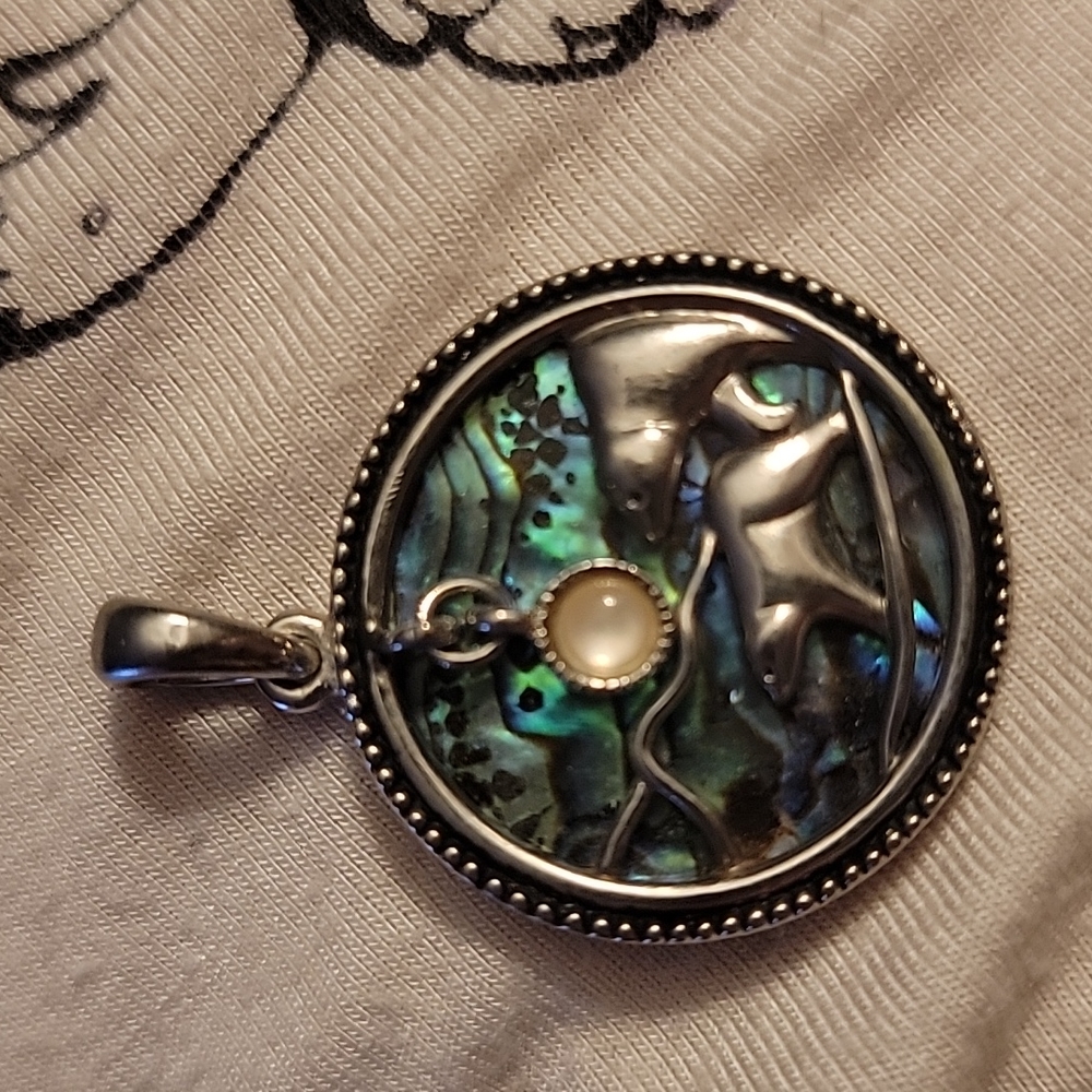 Bear and moon abalone pendant